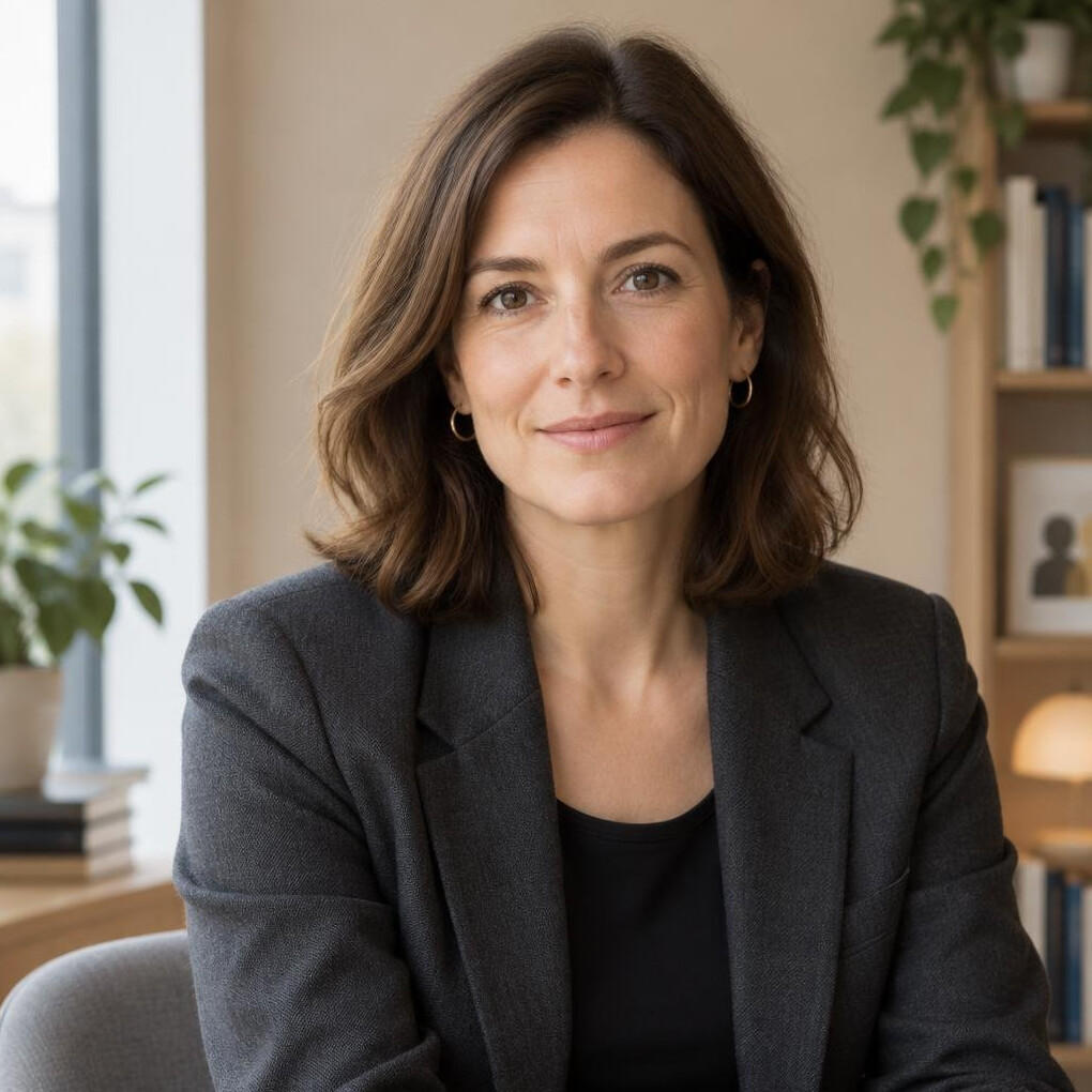 Portrait of a German woman in her late thirties with shoulder-length brown hair in a bright study