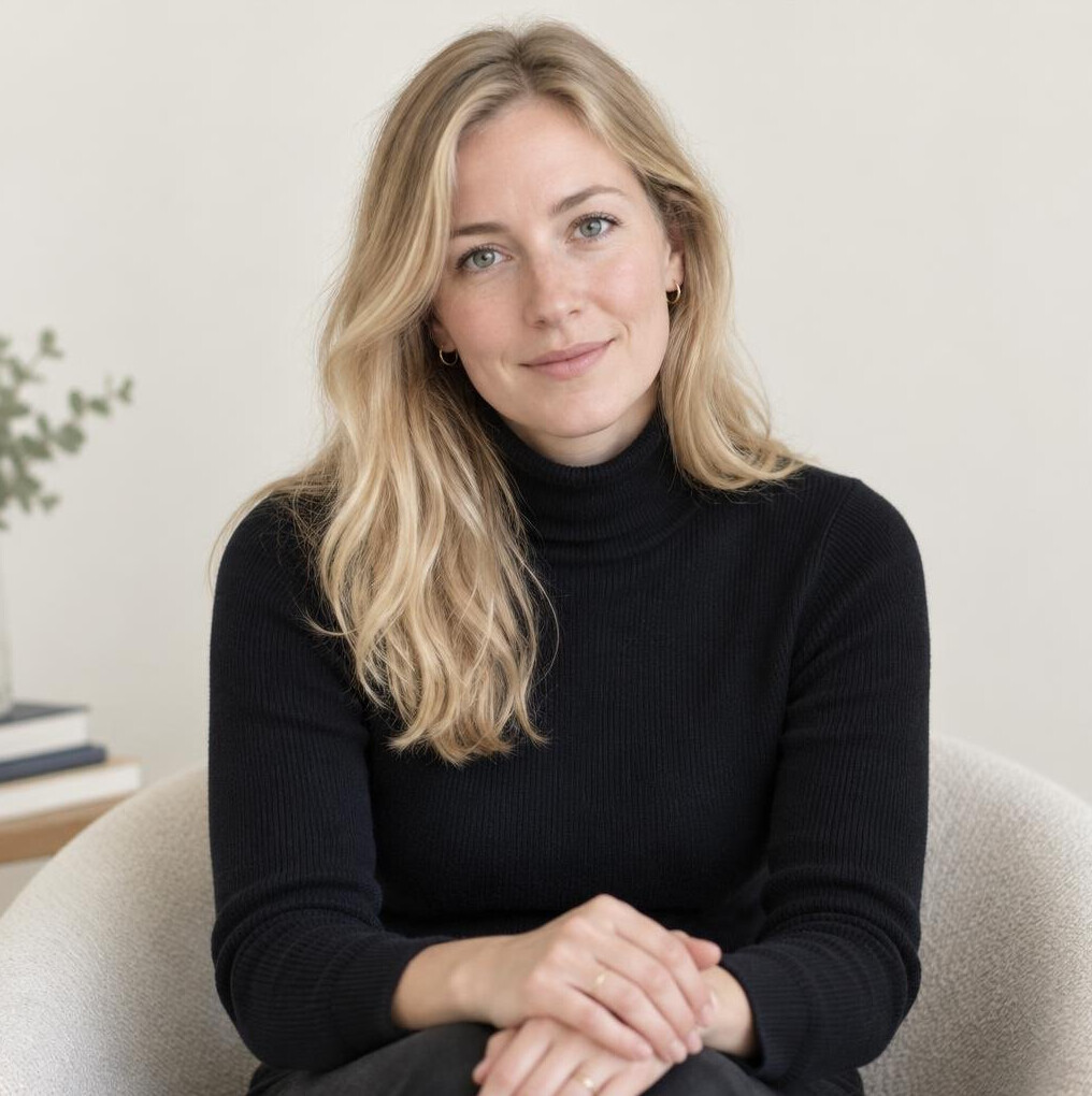 Portrait of a young German woman with blonde hair in a dark turtleneck